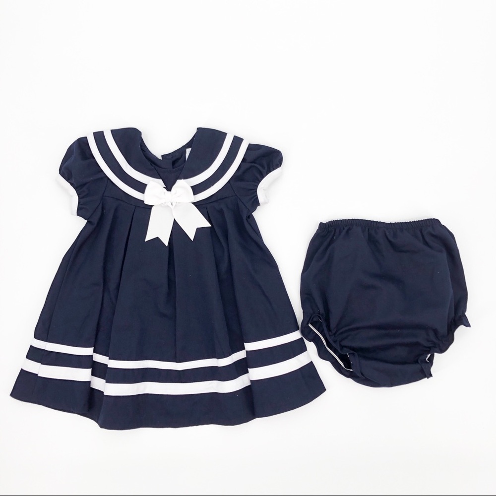 Navy & White Sailor Dress Size 12 Mo w/ Bloomers